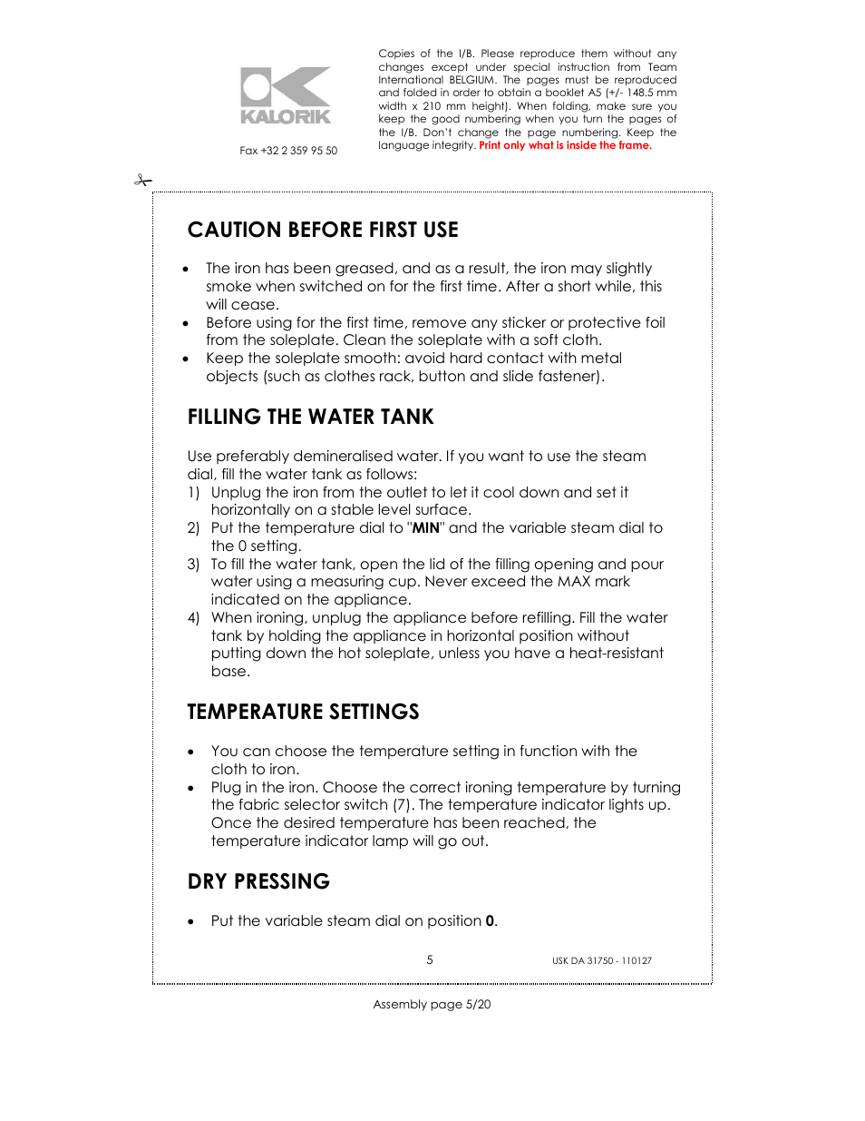 Caution before first use, Filling the water tank, Temperature settings | Dry pressing | Kalorik USK DA 31750 User Manual | Page 5 / 20