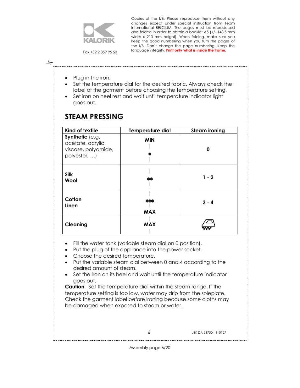 Steam pressing | Kalorik USK DA 31750 User Manual | Page 6 / 20
