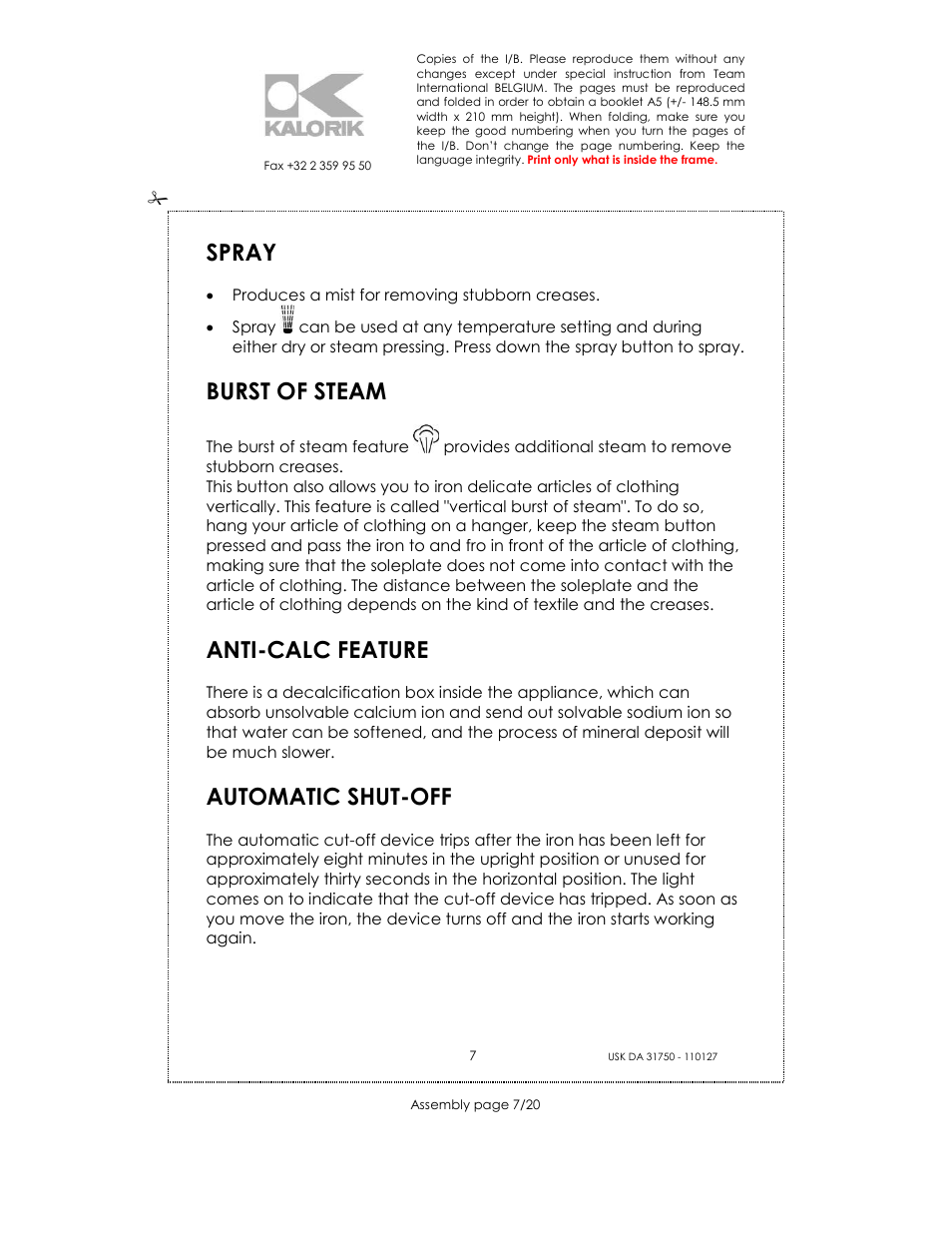 Spray, Burst of steam, Anti-calc feature | Automatic shut-off | Kalorik USK DA 31750 User Manual | Page 7 / 20
