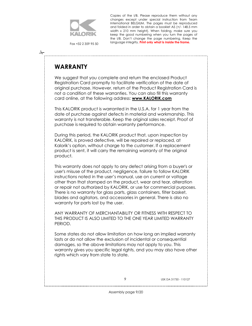 Warranty | Kalorik USK DA 31750 User Manual | Page 9 / 20