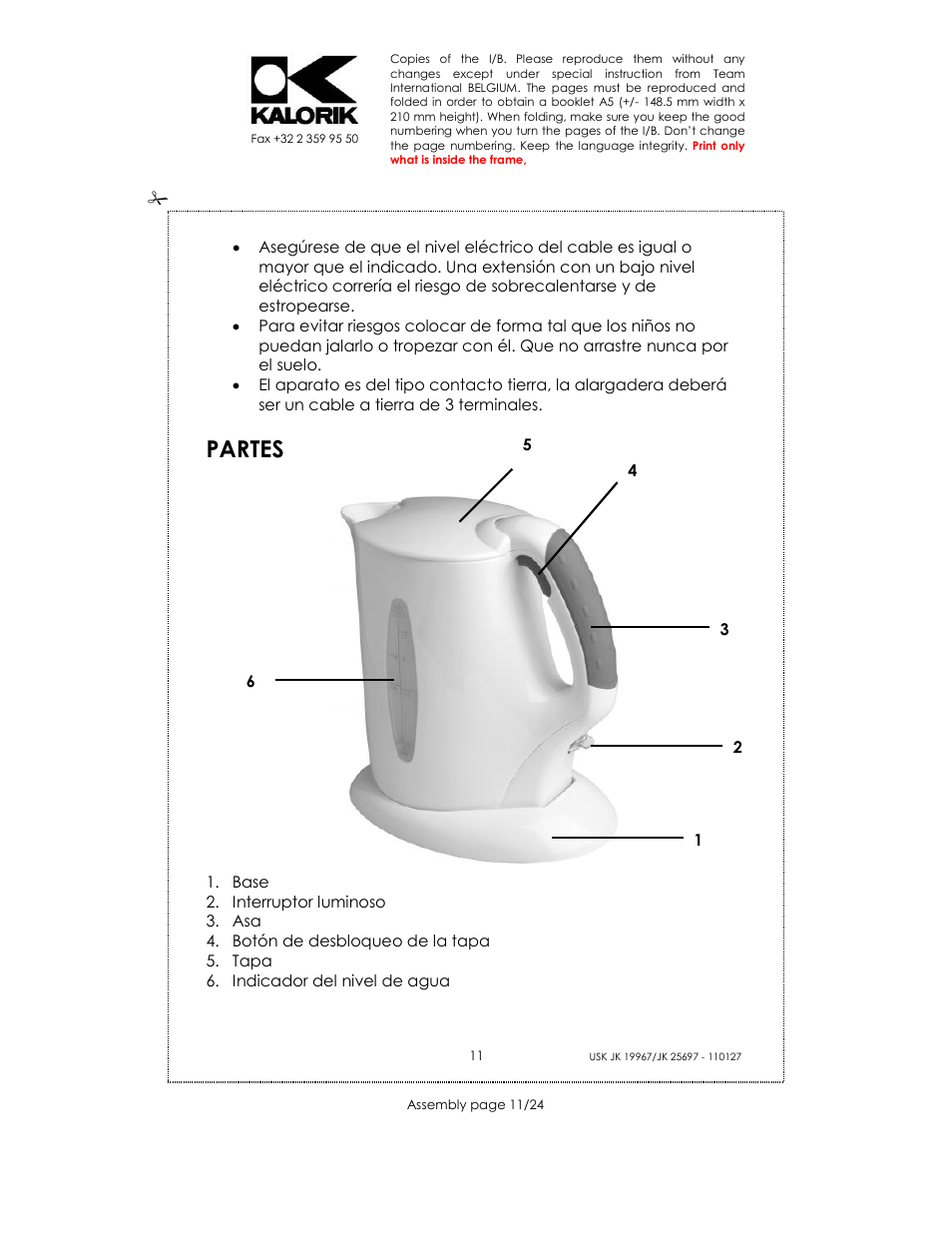 Partes | Kalorik JK 25697 User Manual | Page 11 / 24