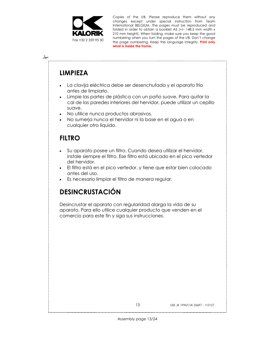 Limpieza, Filtro, Desincrustación | Kalorik JK 25697 User Manual | Page 13 / 24