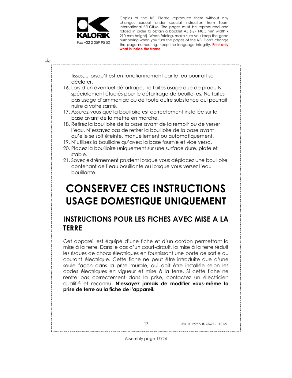 Conservez ces instructions, Usage domestique uniquement, Instructions pour les fiches avec mise a la terre | Kalorik JK 25697 User Manual | Page 17 / 24