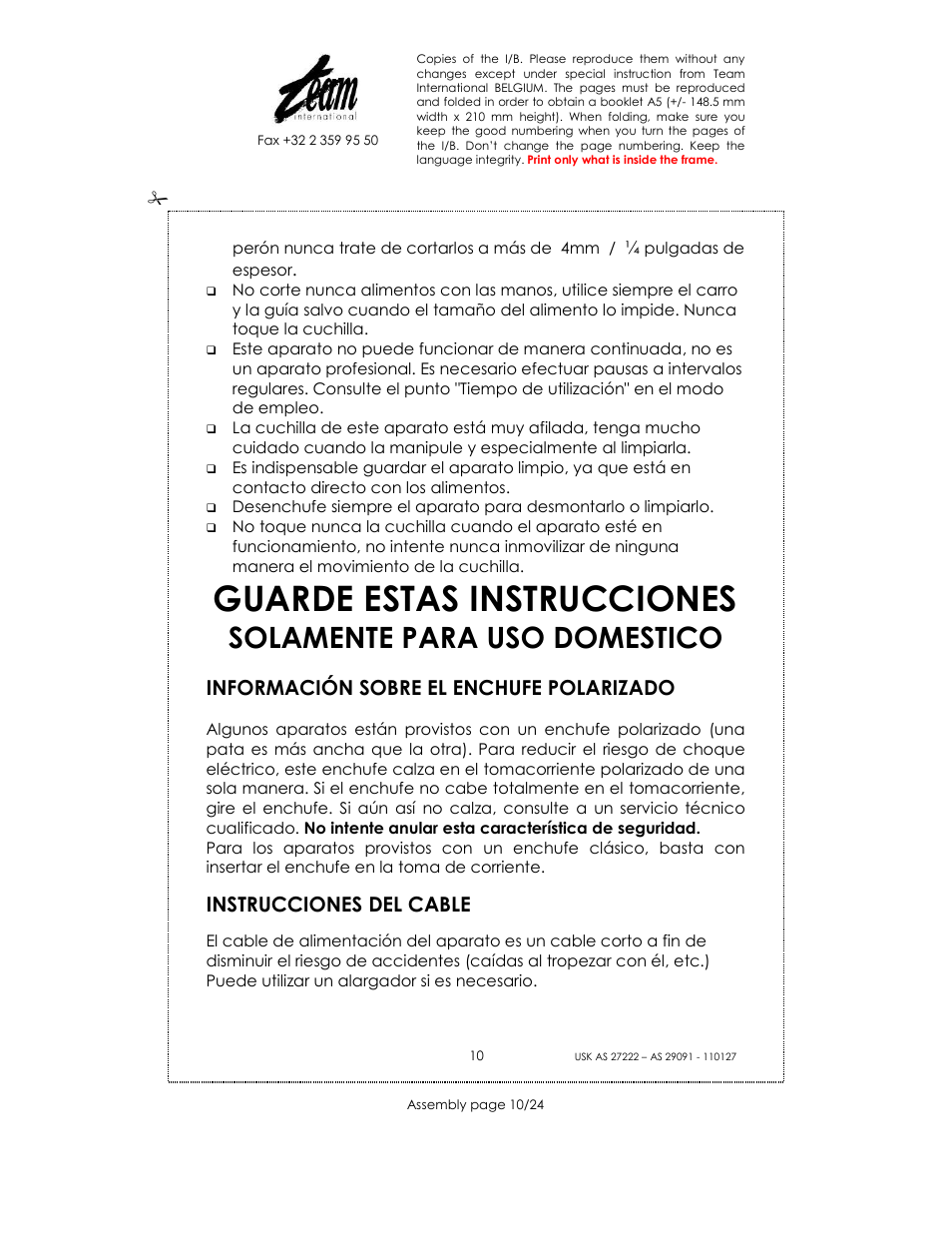Guarde estas instrucciones, Solamente para uso domestico, Información sobre el enchufe polarizado | Instrucciones del cable | Kalorik USK AS 29091 User Manual | Page 10 / 24