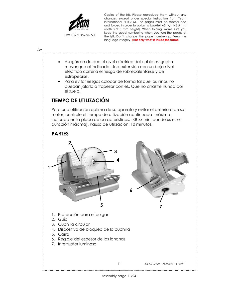 Tiempo de utilización, Partes | Kalorik USK AS 29091 User Manual | Page 11 / 24
