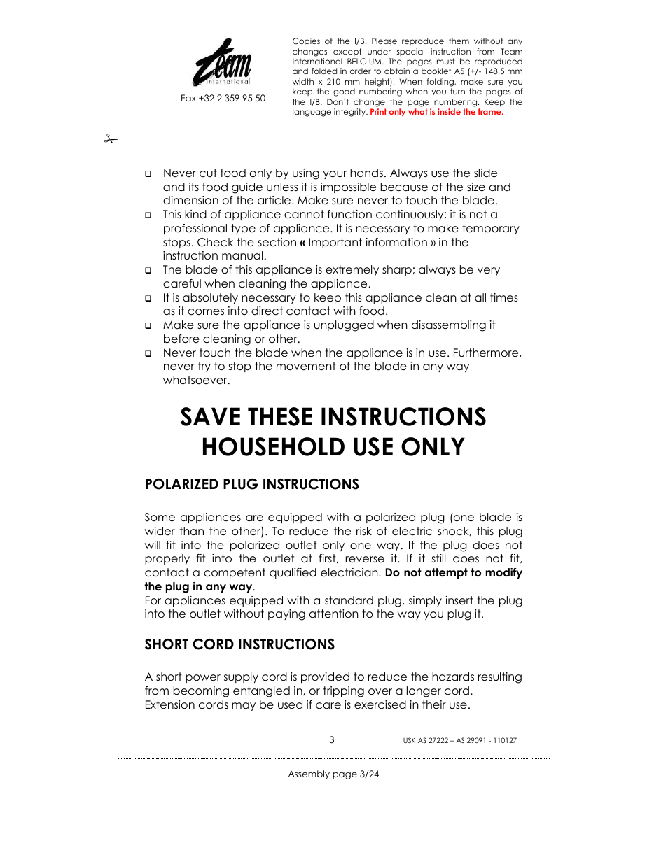 Save these instructions household use only, Polarized plug instructions, Short cord instructions | Kalorik USK AS 29091 User Manual | Page 3 / 24