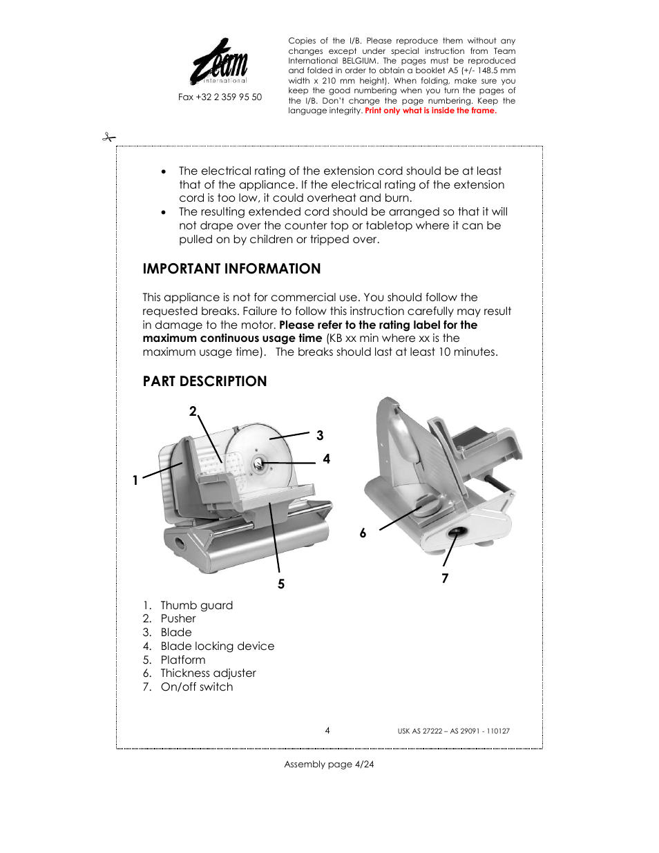 Important information, Part description | Kalorik USK AS 29091 User Manual | Page 4 / 24