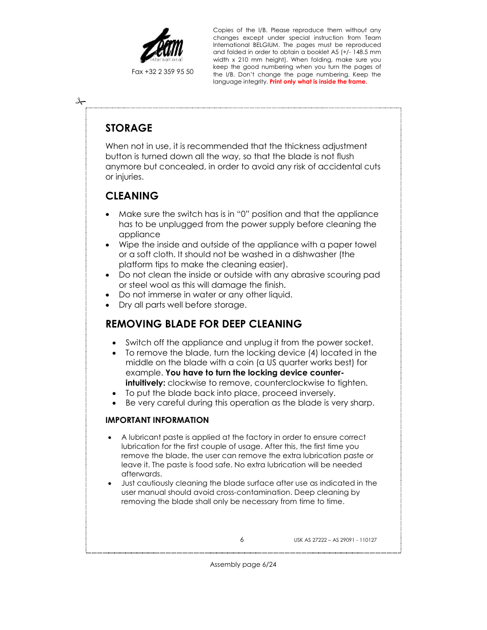 Storage, Cleaning, Removing blade for deep cleaning | Kalorik USK AS 29091 User Manual | Page 6 / 24