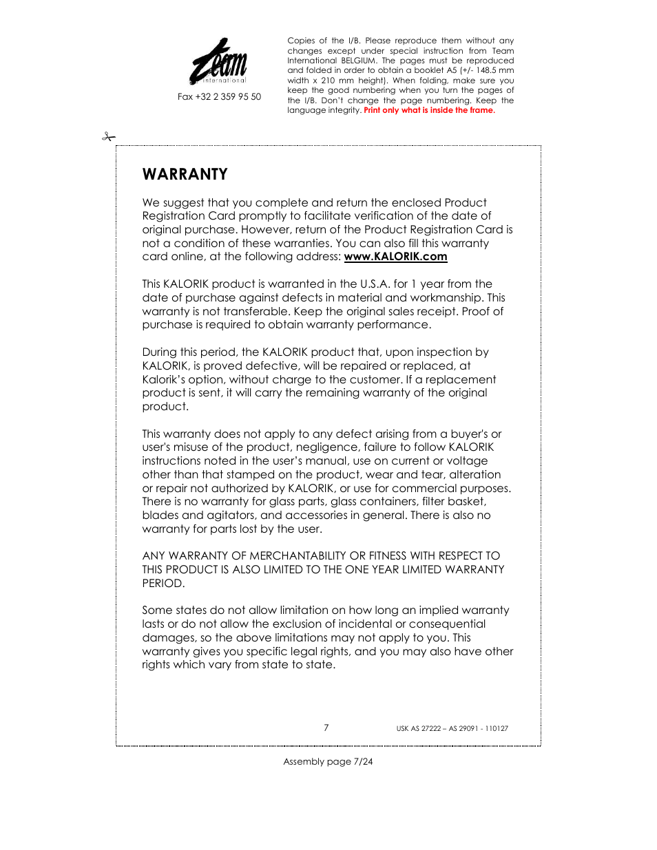 Warranty | Kalorik USK AS 29091 User Manual | Page 7 / 24