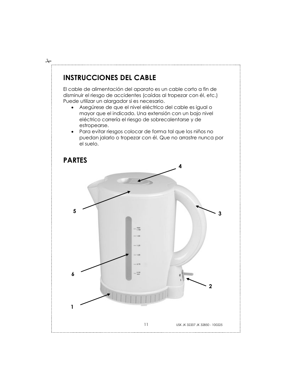 Instrucciones del cable, Partes | Kalorik USK JK 32207 User Manual | Page 11 / 24