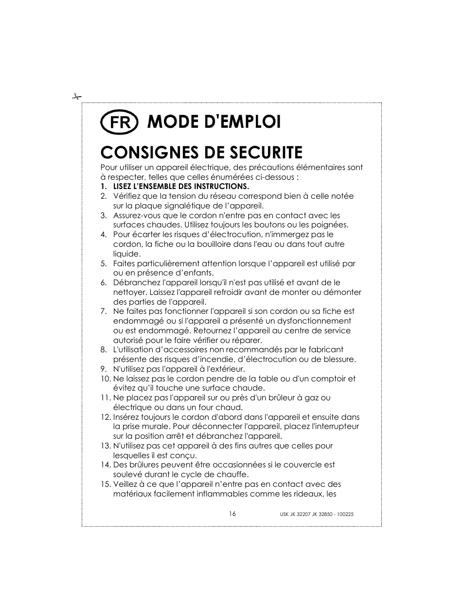 Consignes de securite | Kalorik USK JK 32207 User Manual | Page 16 / 24