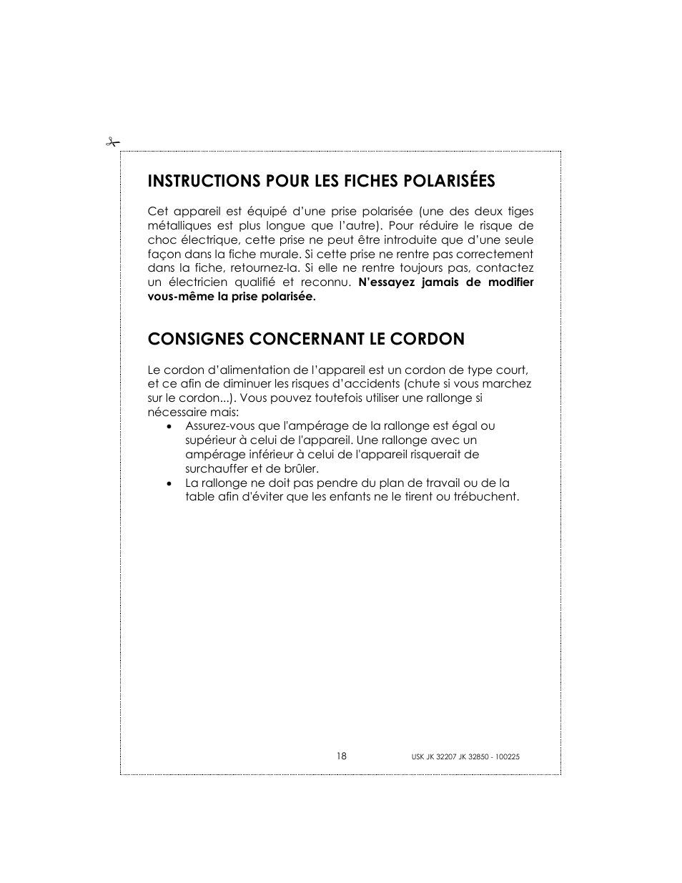 Instructions pour les fiches polarisées, Consignes concernant le cordon | Kalorik USK JK 32207 User Manual | Page 18 / 24