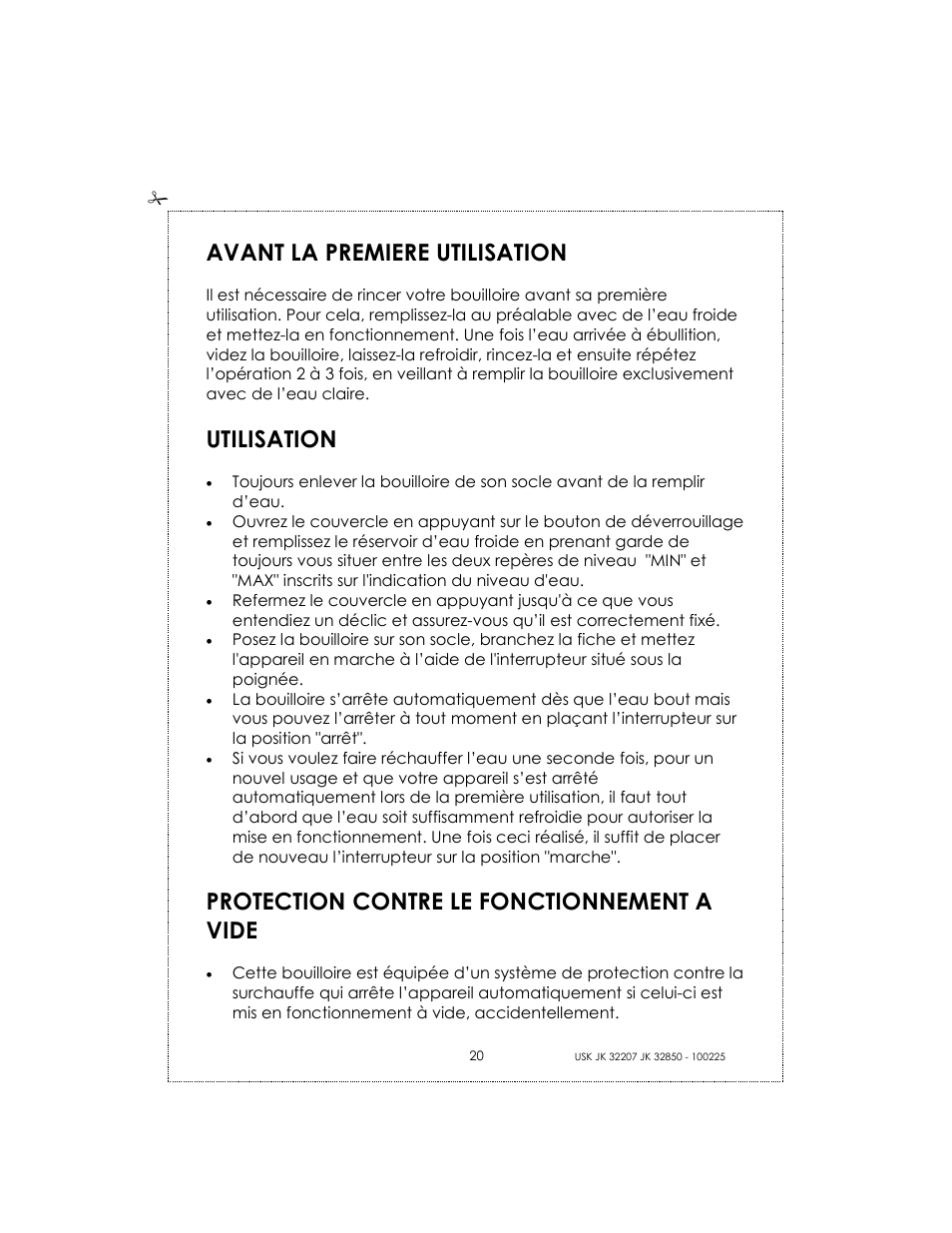 Avant la premiere utilisation, Utilisation, Protection contre le fonctionnement a vide | Kalorik USK JK 32207 User Manual | Page 20 / 24