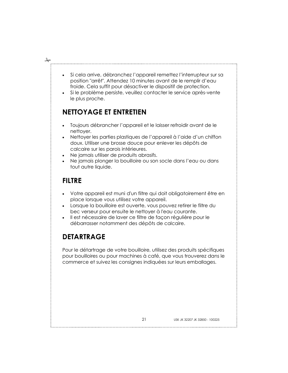 Nettoyage et entretien, Filtre, Detartrage | Kalorik USK JK 32207 User Manual | Page 21 / 24
