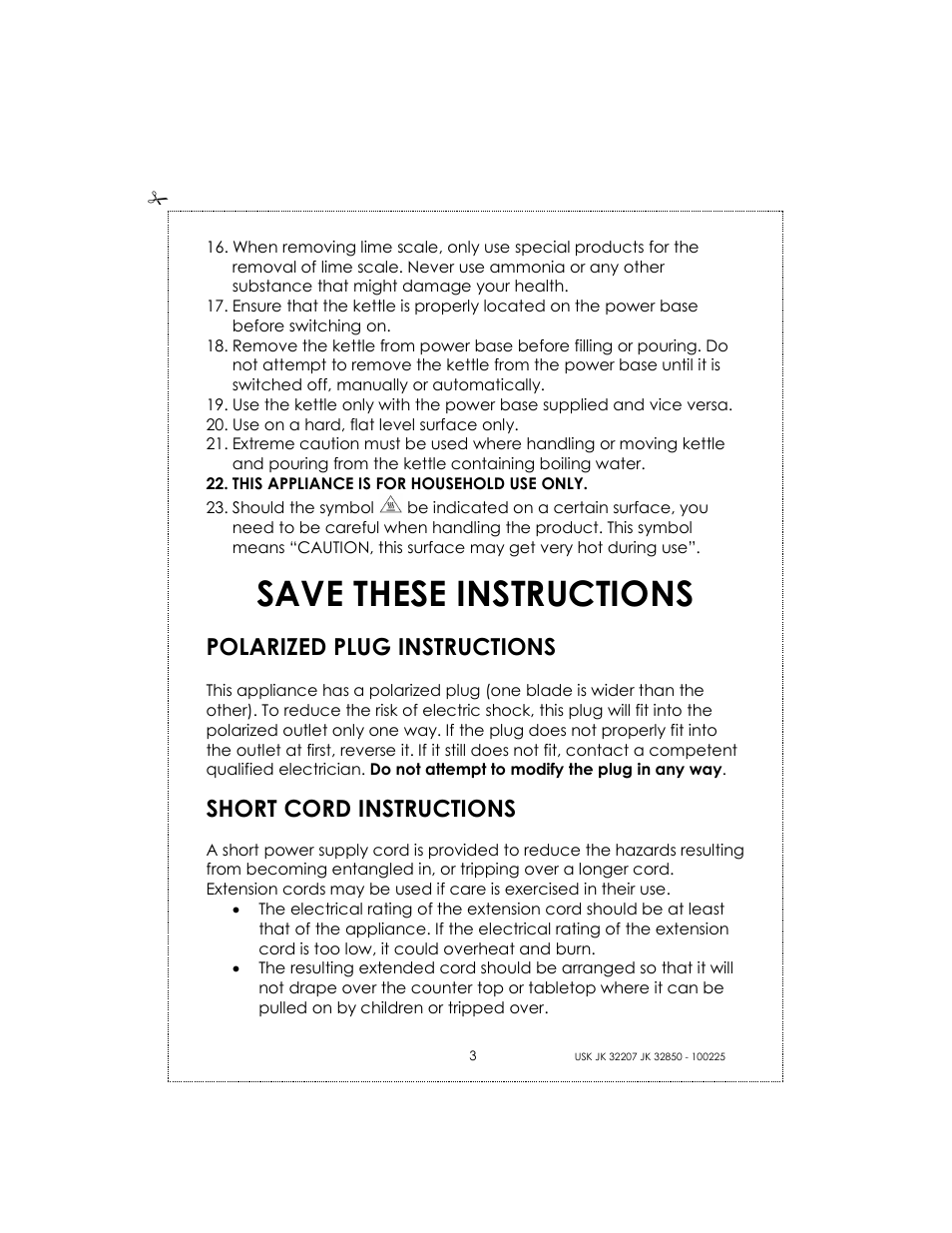 Save these instructions, Polarized plug instructions, Short cord instructions | Kalorik USK JK 32207 User Manual | Page 3 / 24