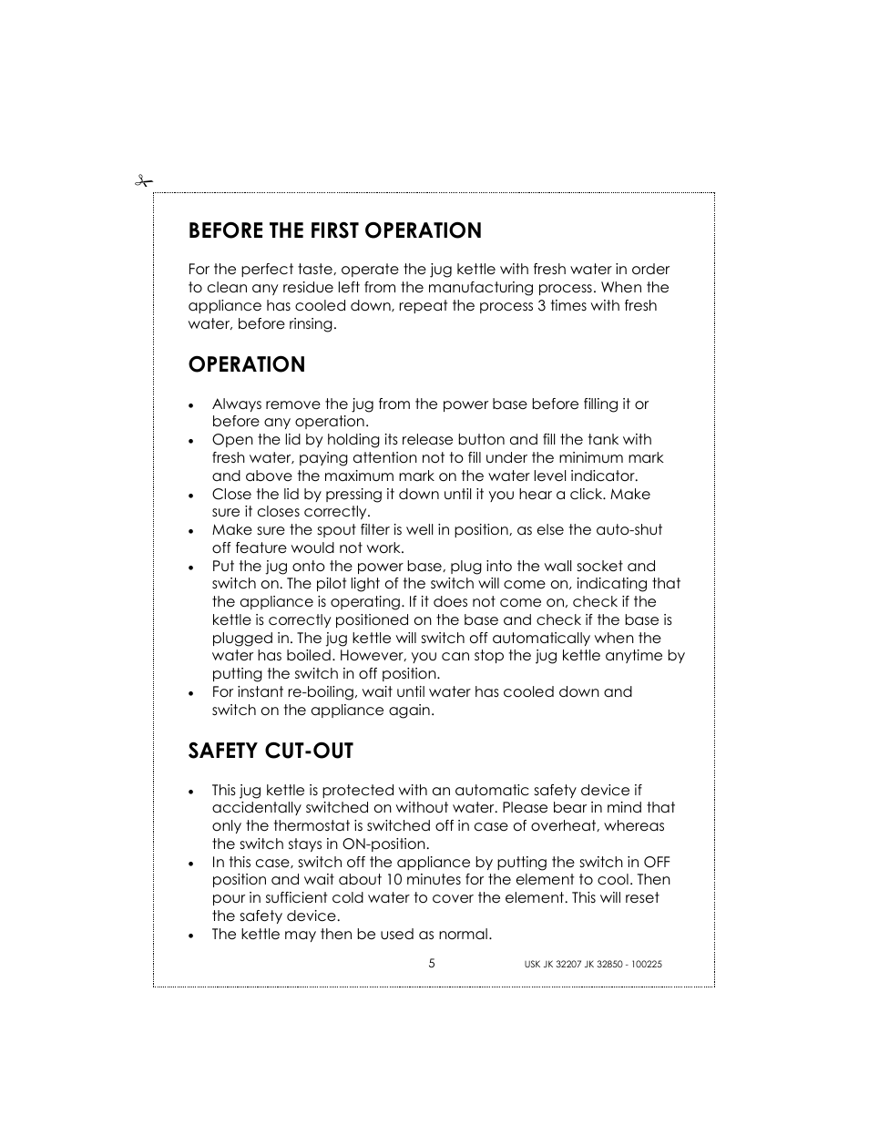 Before the first operation, Operation, Safety cut-out | Kalorik USK JK 32207 User Manual | Page 5 / 24