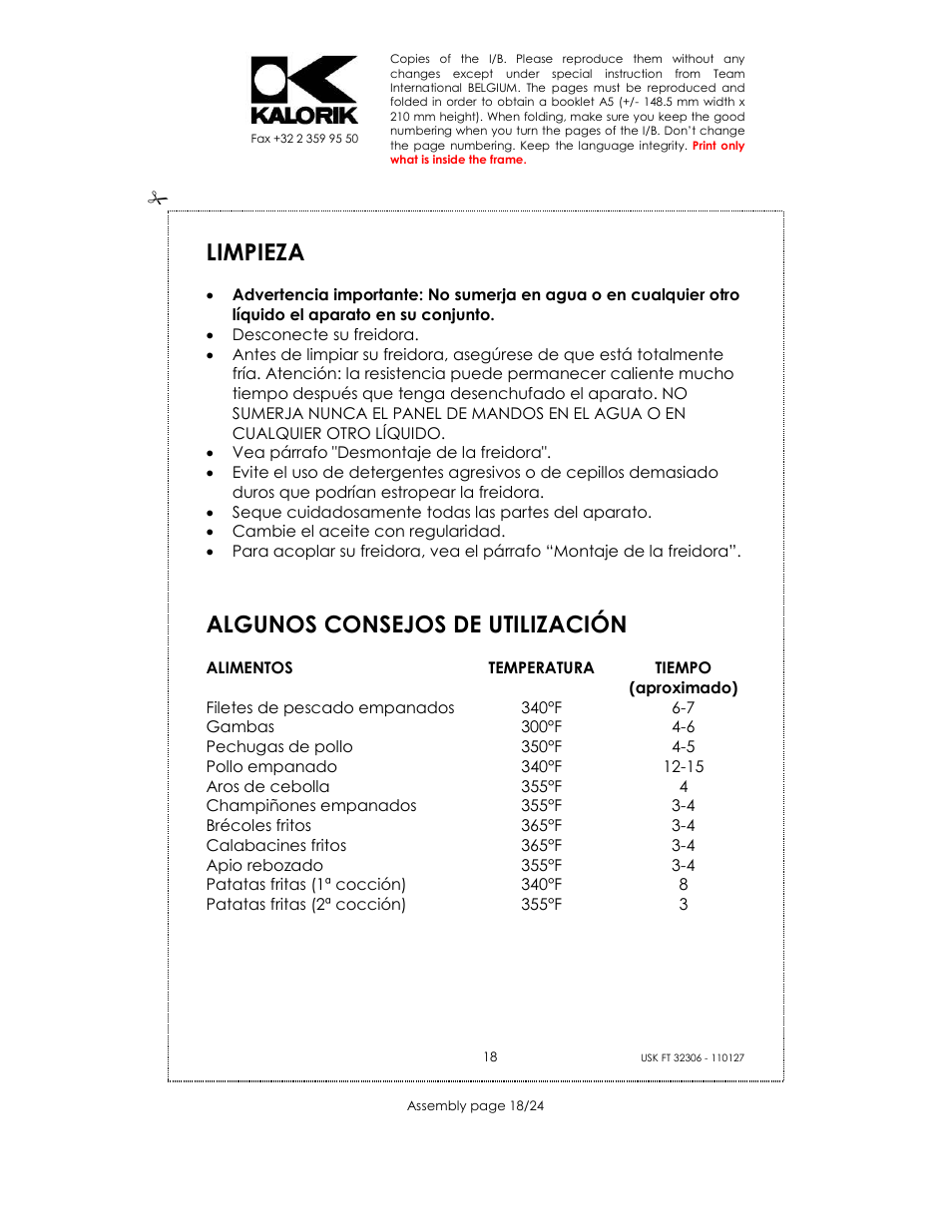 Limpieza, Algunos consejos de utilización | Kalorik USK FT 32306 User Manual | Page 18 / 24