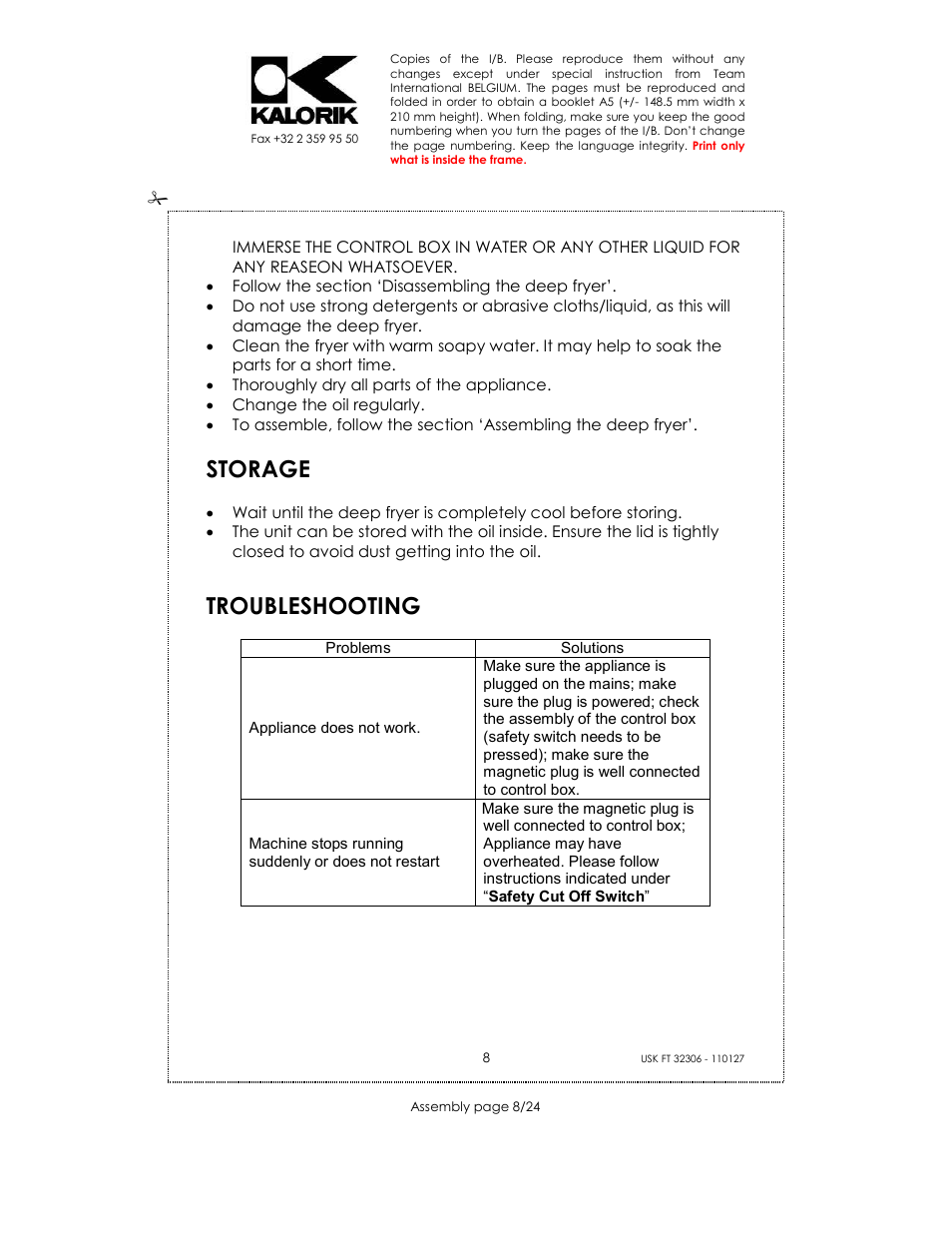 Storage, Troubleshooting | Kalorik USK FT 32306 User Manual | Page 8 / 24