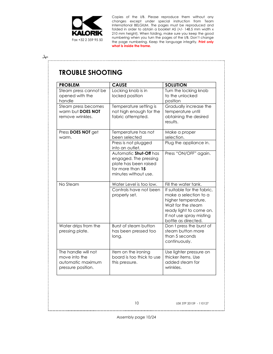 Trouble shooting | Kalorik USK STP 20159 User Manual | Page 10 / 24