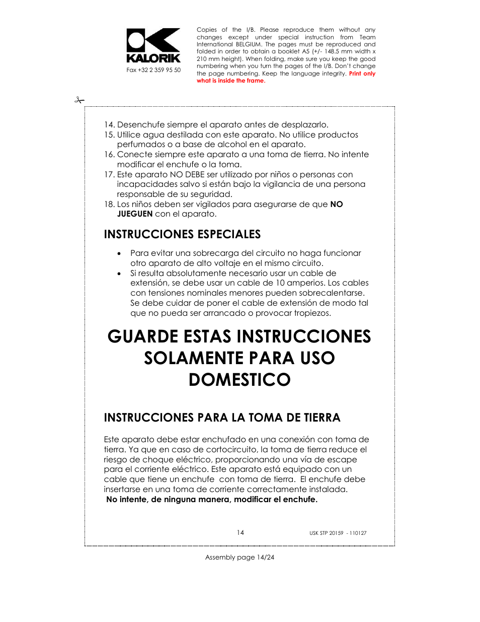 Instrucciones especiales, Instrucciones para la toma de tierra | Kalorik USK STP 20159 User Manual | Page 14 / 24