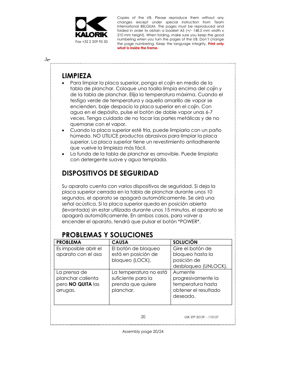Limpieza, Dispositivos de seguridad, Problemas y soluciones | Kalorik USK STP 20159 User Manual | Page 20 / 24