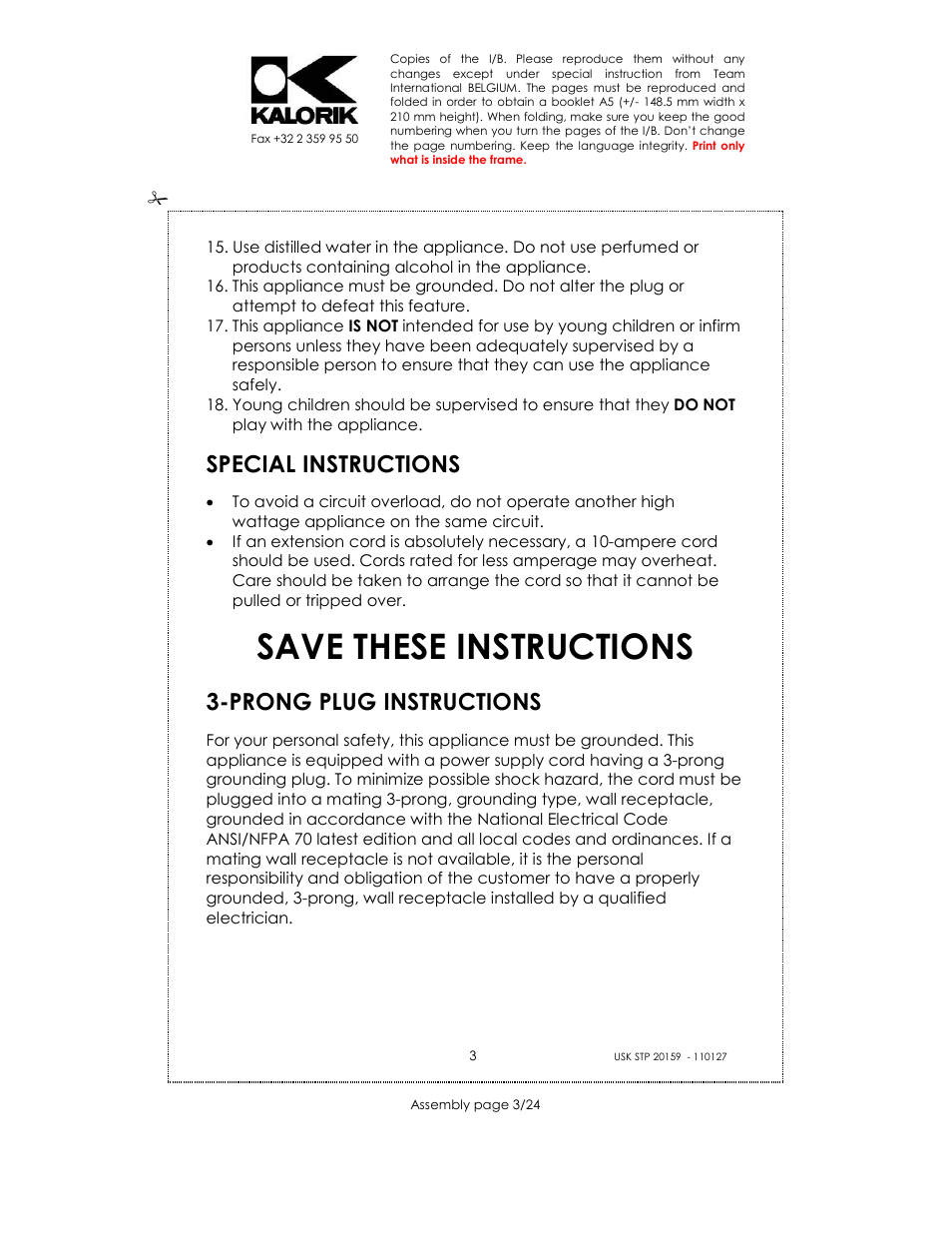 Save these instructions, Special instructions, Prong plug instructions | Kalorik USK STP 20159 User Manual | Page 3 / 24