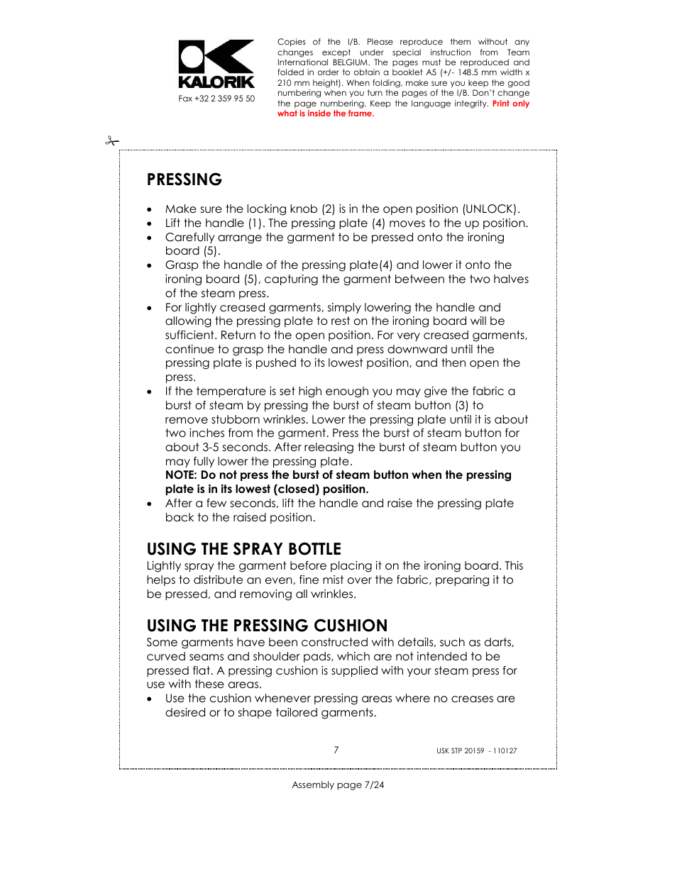 Pressing, Using the spray bottle, Using the pressing cushion | Kalorik USK STP 20159 User Manual | Page 7 / 24
