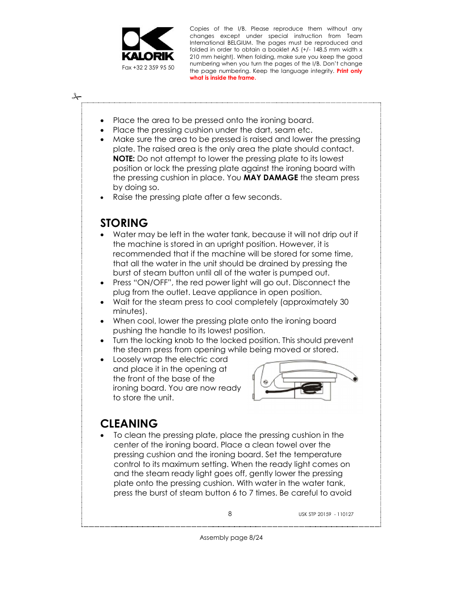 Storing, Cleaning | Kalorik USK STP 20159 User Manual | Page 8 / 24