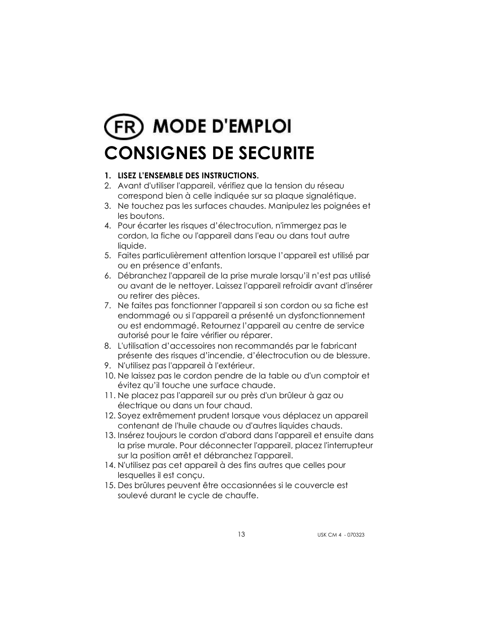 Consignes de securite | Kalorik USK CM 4 User Manual | Page 13 / 24