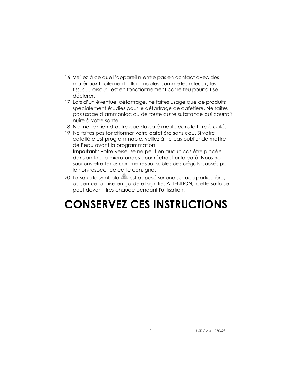 Conservez ces instructions | Kalorik USK CM 4 User Manual | Page 14 / 24