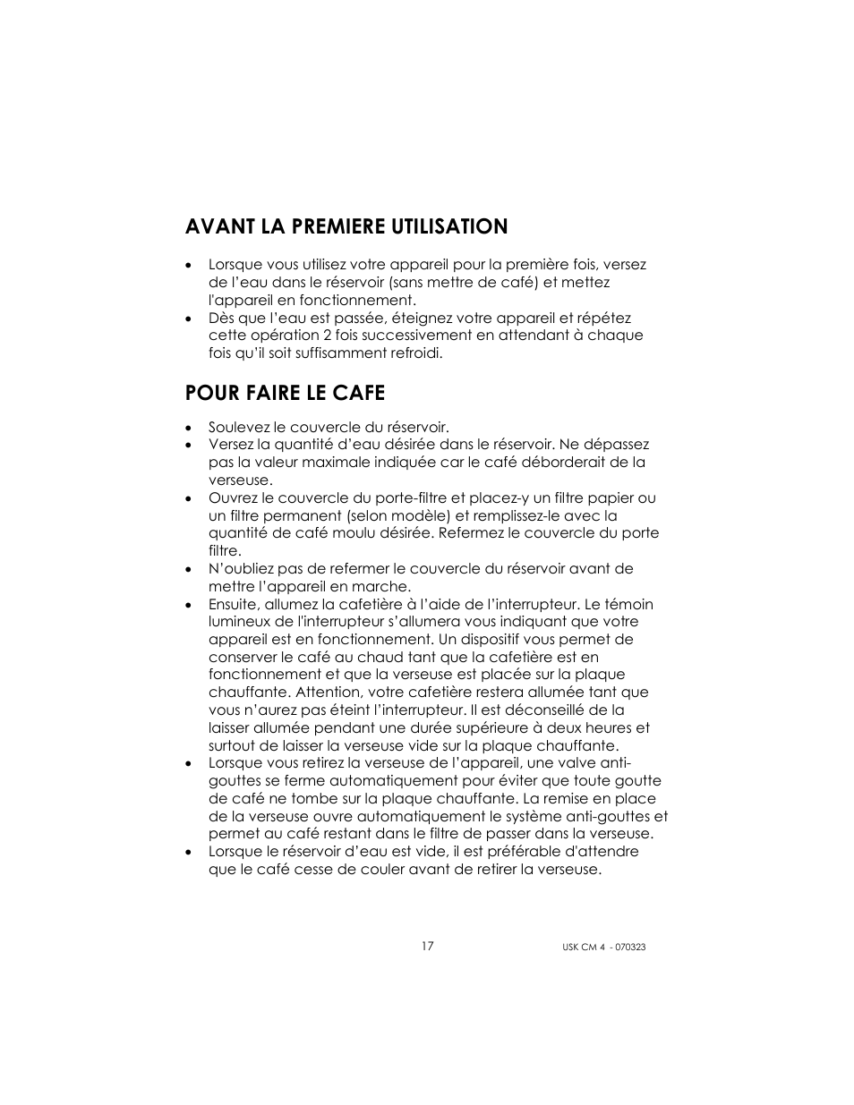 Avant la premiere utilisation, Pour faire le cafe | Kalorik USK CM 4 User Manual | Page 17 / 24