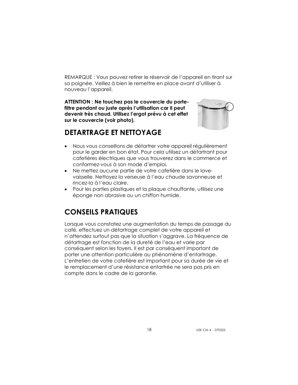 Detartrage et nettoyage, Conseils pratiques | Kalorik USK CM 4 User Manual | Page 18 / 24