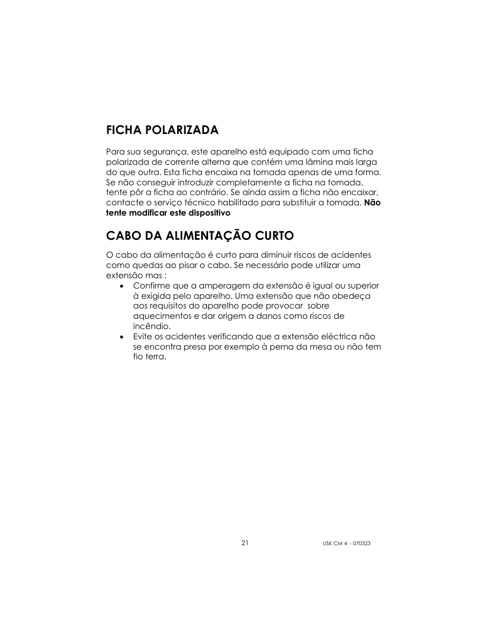 Ficha polarizada, Cabo da alimentação curto | Kalorik USK CM 4 User Manual | Page 21 / 24
