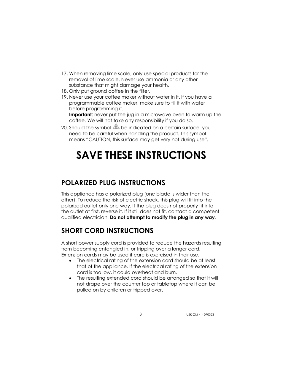 Save these instructions, Polarized plug instructions, Short cord instructions | Kalorik USK CM 4 User Manual | Page 3 / 24