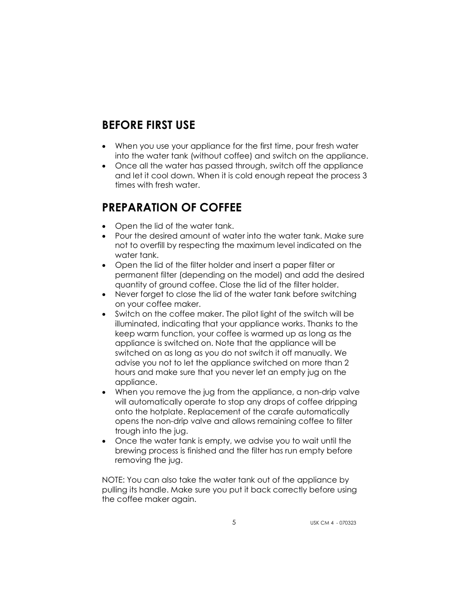 Before first use, Preparation of coffee | Kalorik USK CM 4 User Manual | Page 5 / 24