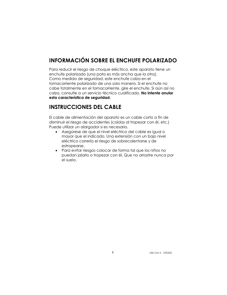 Información sobre el enchufe polarizado, Instrucciones del cable | Kalorik USK CM 4 User Manual | Page 9 / 24