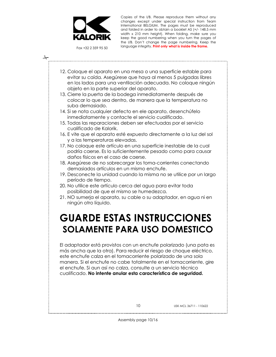 Guarde estas instrucciones, Solamente para uso domestico | Kalorik USK MCL 36711 User Manual | Page 10 / 16