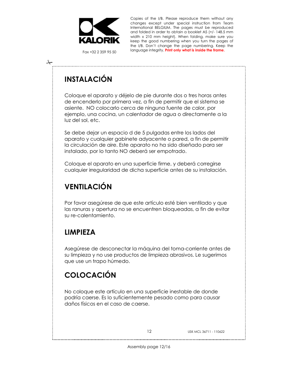 Instalación, Ventilación, Limpieza | Colocación | Kalorik USK MCL 36711 User Manual | Page 12 / 16