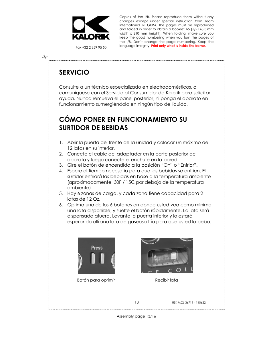 Servicio | Kalorik USK MCL 36711 User Manual | Page 13 / 16