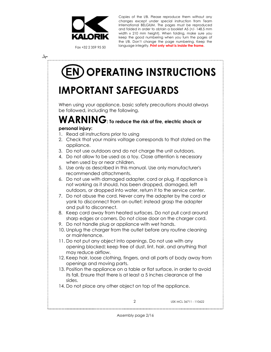 Important safeguards, Warning | Kalorik USK MCL 36711 User Manual | Page 2 / 16