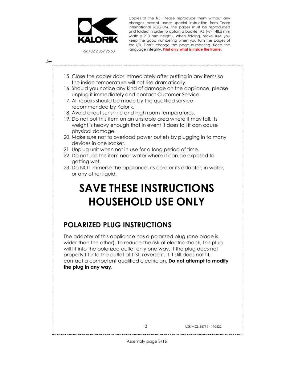 Save these instructions household use only, Polarized plug instructions | Kalorik USK MCL 36711 User Manual | Page 3 / 16