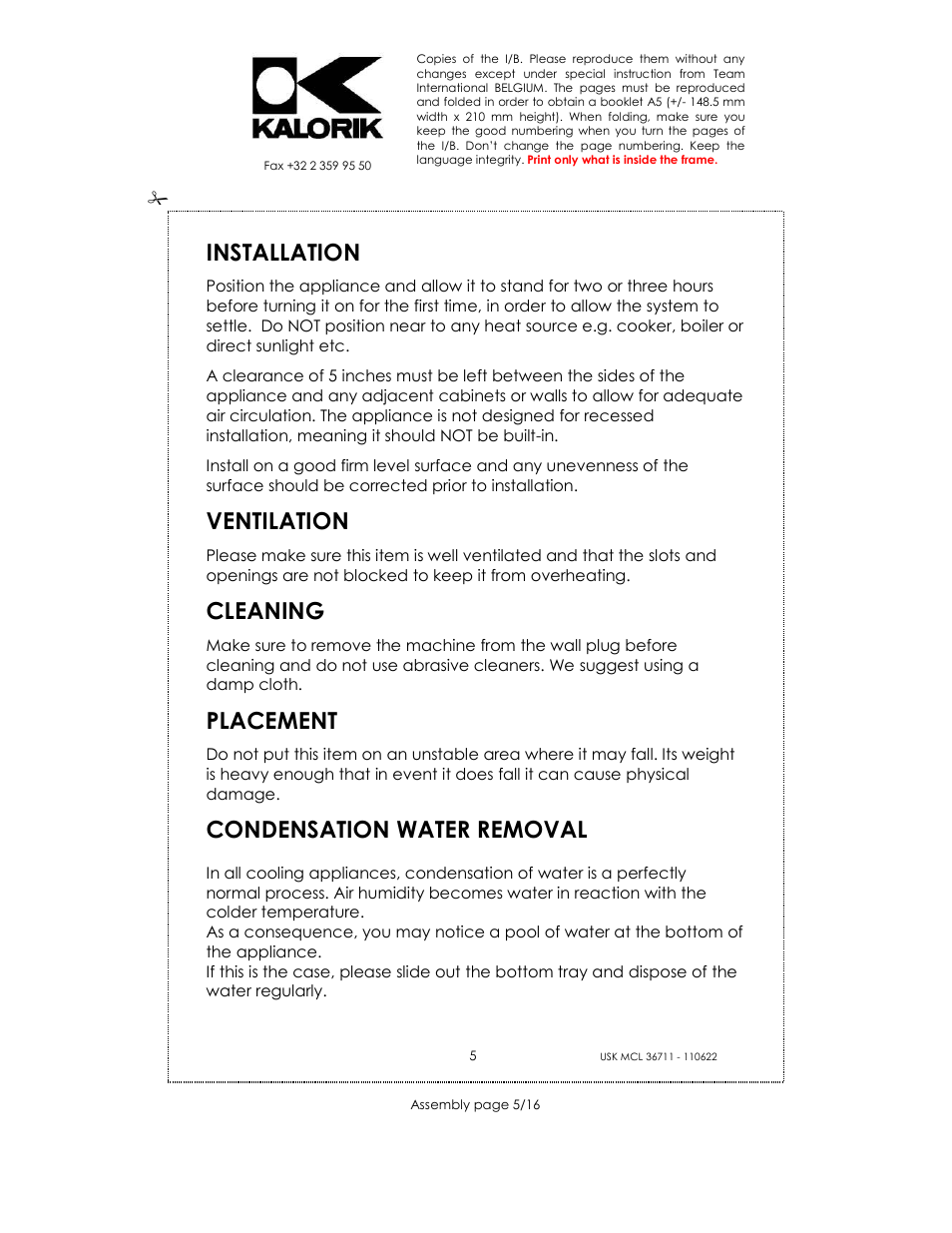 Installation, Ventilation, Cleaning | Placement, Condensation water removal | Kalorik USK MCL 36711 User Manual | Page 5 / 16