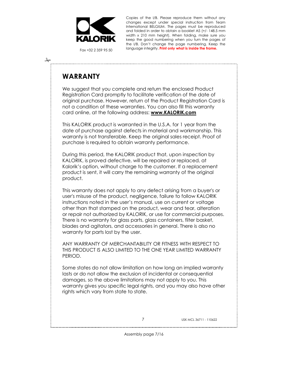 Warranty | Kalorik USK MCL 36711 User Manual | Page 7 / 16