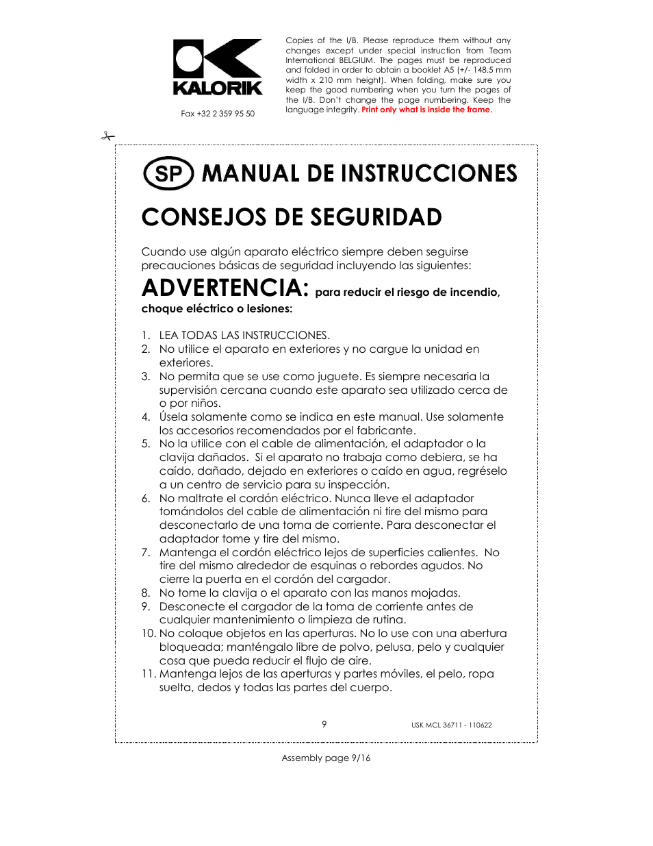 Consejos de seguridad, Advertencia | Kalorik USK MCL 36711 User Manual | Page 9 / 16
