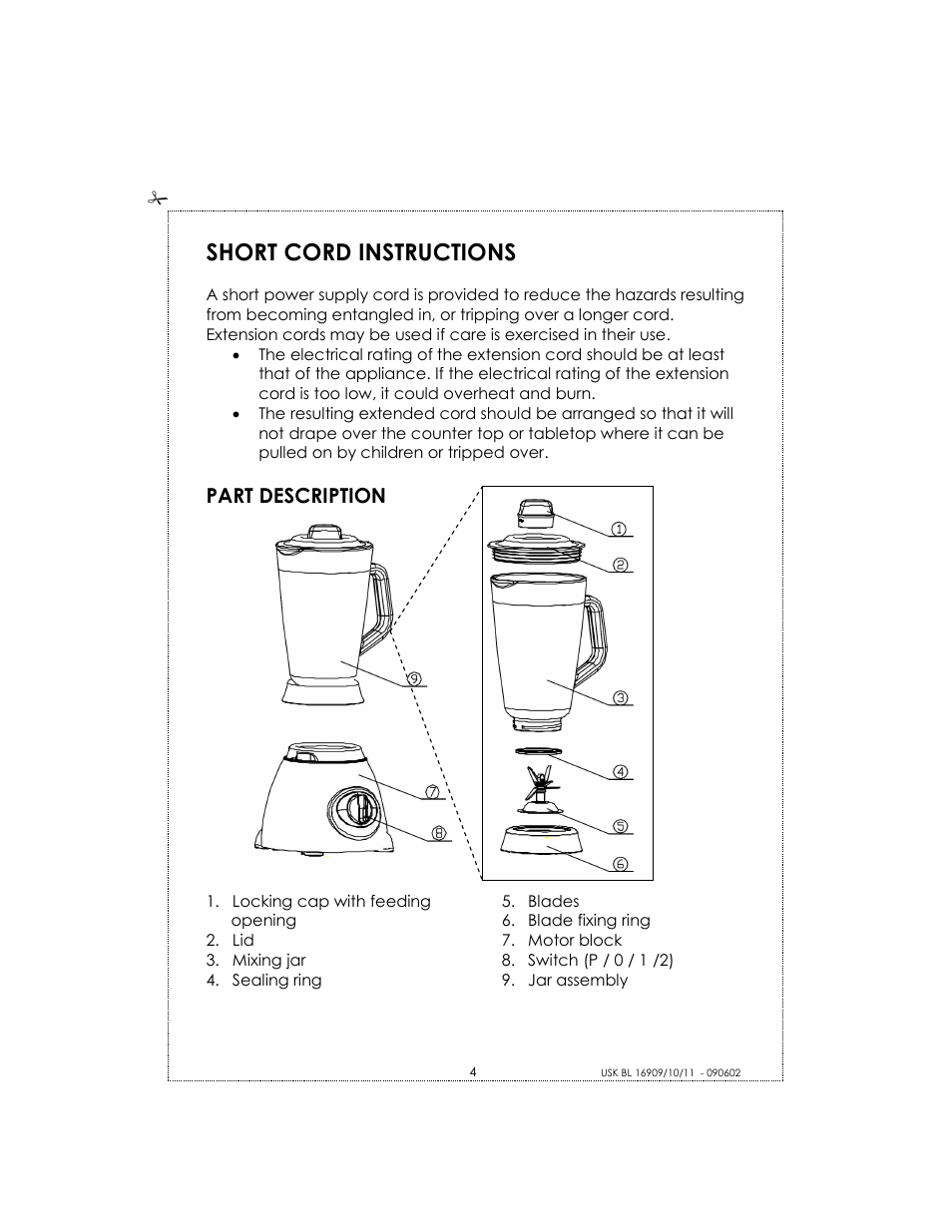 Short cord instructions, Part description | Kalorik USK BL 16910 User Manual | Page 4 / 24