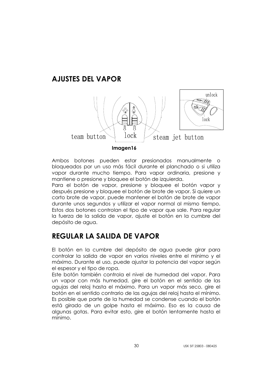 Ajustes del vapor, Regular la salida de vapor | Kalorik USK SIT 25803 User Manual | Page 30 / 44