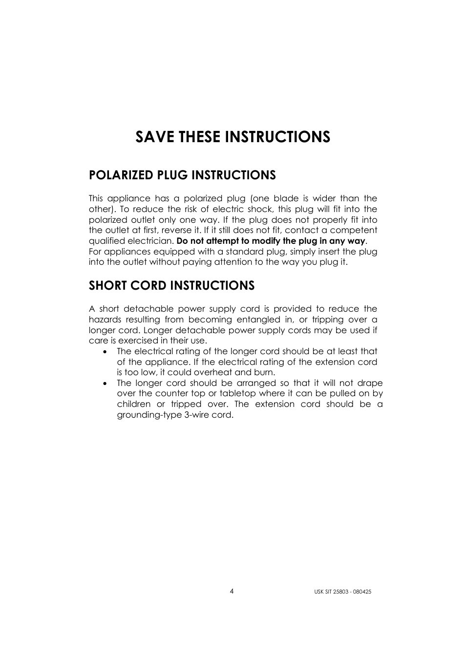Save these instructions, Polarized plug instructions, Short cord instructions | Kalorik USK SIT 25803 User Manual | Page 4 / 44