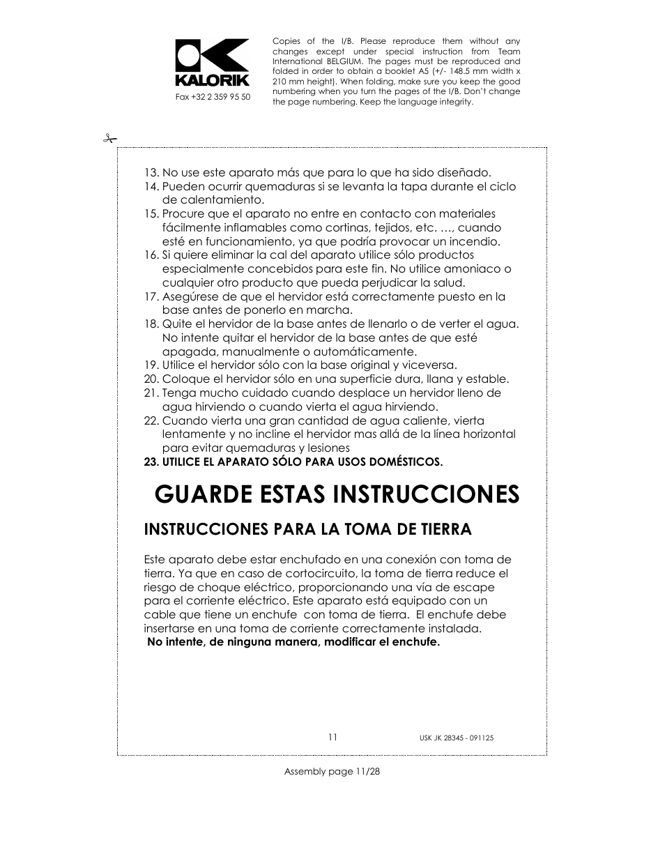Guarde estas instrucciones, Instrucciones para la toma de tierra | Kalorik USK JK 28345 User Manual | Page 11 / 28