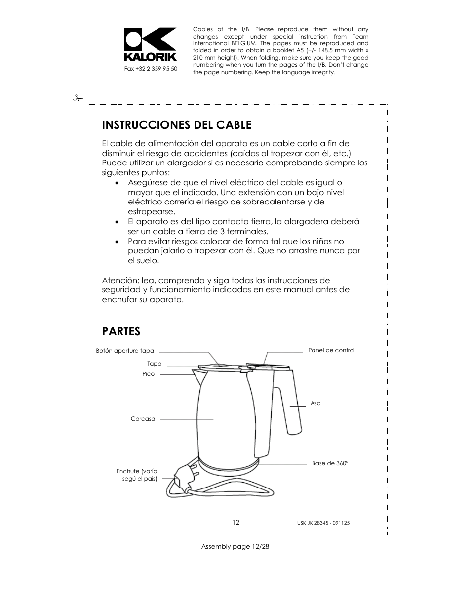 Instrucciones del cable, Partes | Kalorik USK JK 28345 User Manual | Page 12 / 28