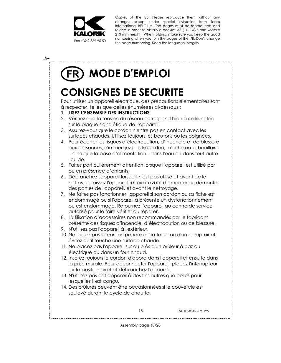 Consignes de securite | Kalorik USK JK 28345 User Manual | Page 18 / 28